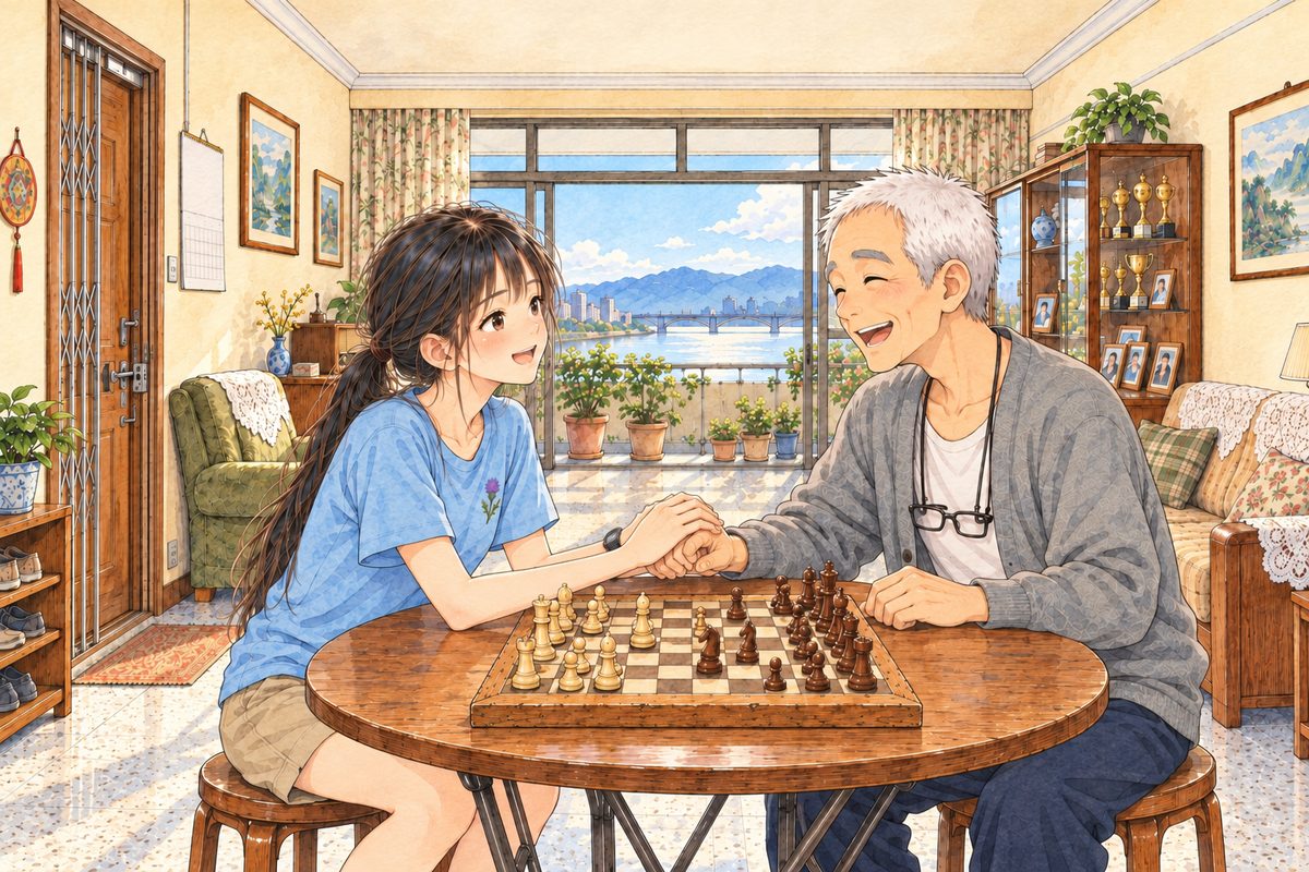 Bright morning. Xiaoyu has sat down across the board on the LEFT and holds Grandpa's big hand on the table in both of hers, beaming; Grandpa on the RIGHT laughs. Her black watch on her LEFT wrist. Two faces in the middle band. The sunny wall above is the quiet area.