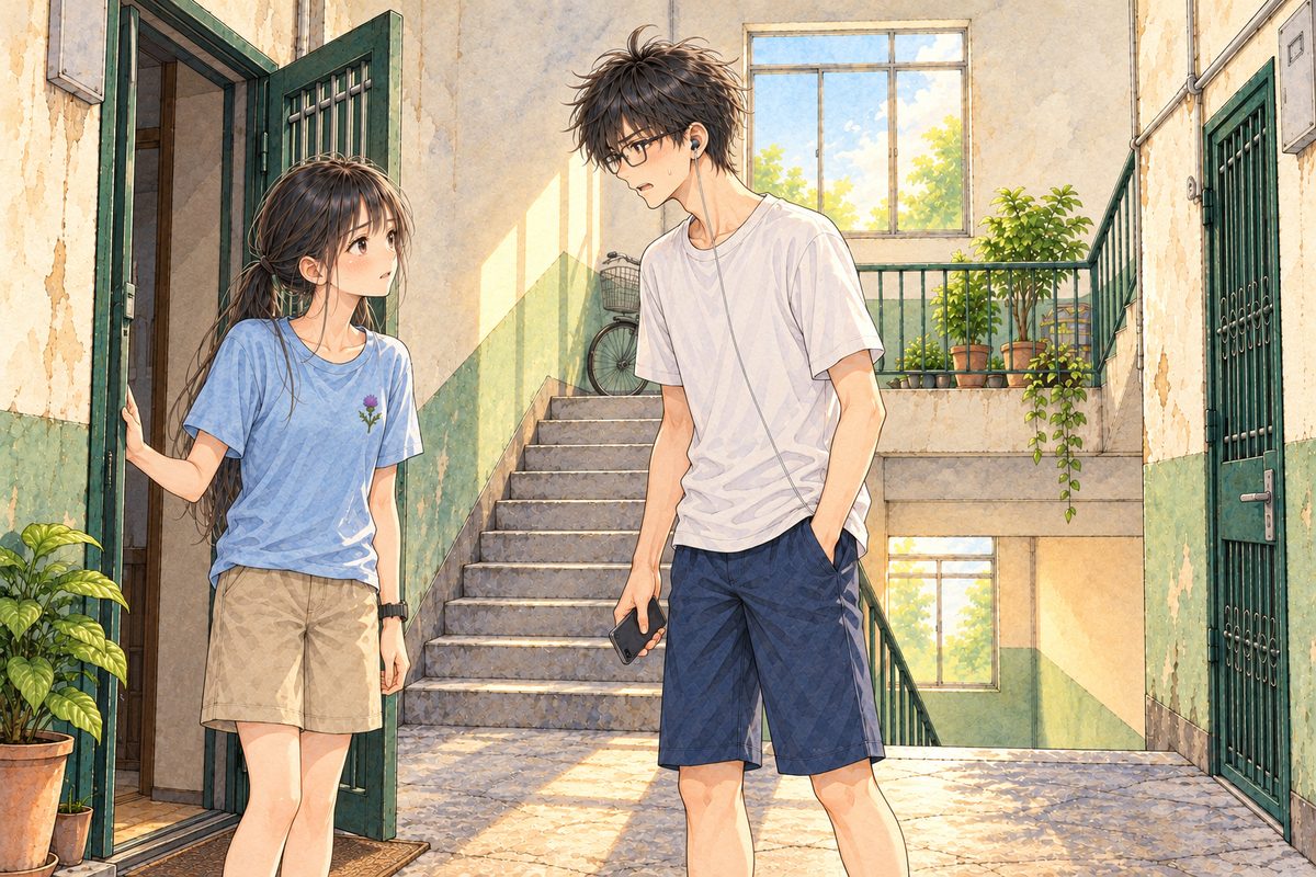 Saturday noon, hot white light from the high window. Haoran stands outside Grandpa's gate on the RIGHT, out of breath as if he ran up the stairs, his phone in his RIGHT hand at his side, upset. Xiaoyu inside the open gate on the LEFT looks at him, worried. Two faces in the middle band. The high window above is the quiet area.
