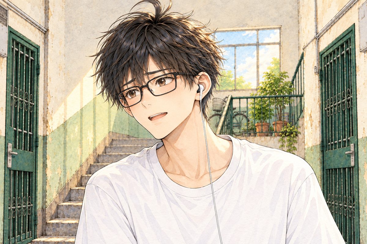 Noon light. Haoran looks LEFT at Xiaoyu off panel, pleading, hopeful. His earbud in his LEFT ear, on the viewer's right. His face in the middle of the panel. His t-shirt below is the quiet area.