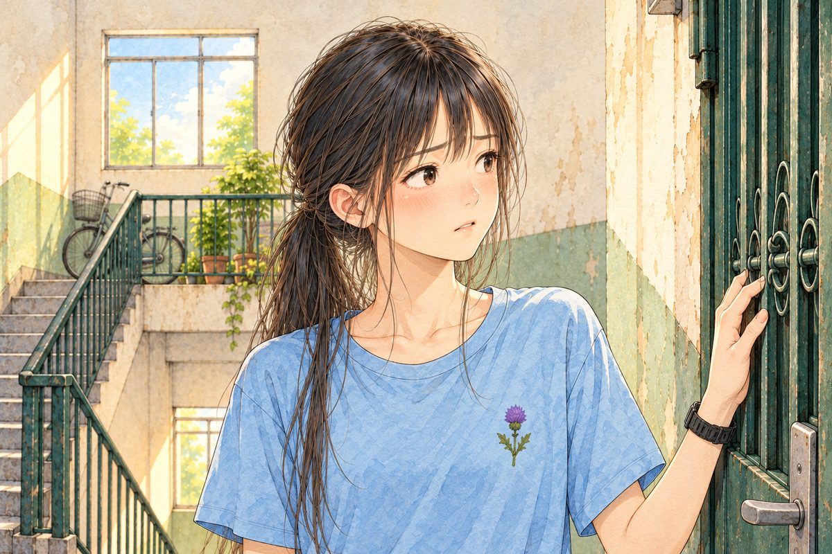 Noon light. Xiaoyu looks RIGHT at Haoran off panel, torn, her hand on the gate. Her face in the middle of the panel. Her t-shirt below is the quiet area.