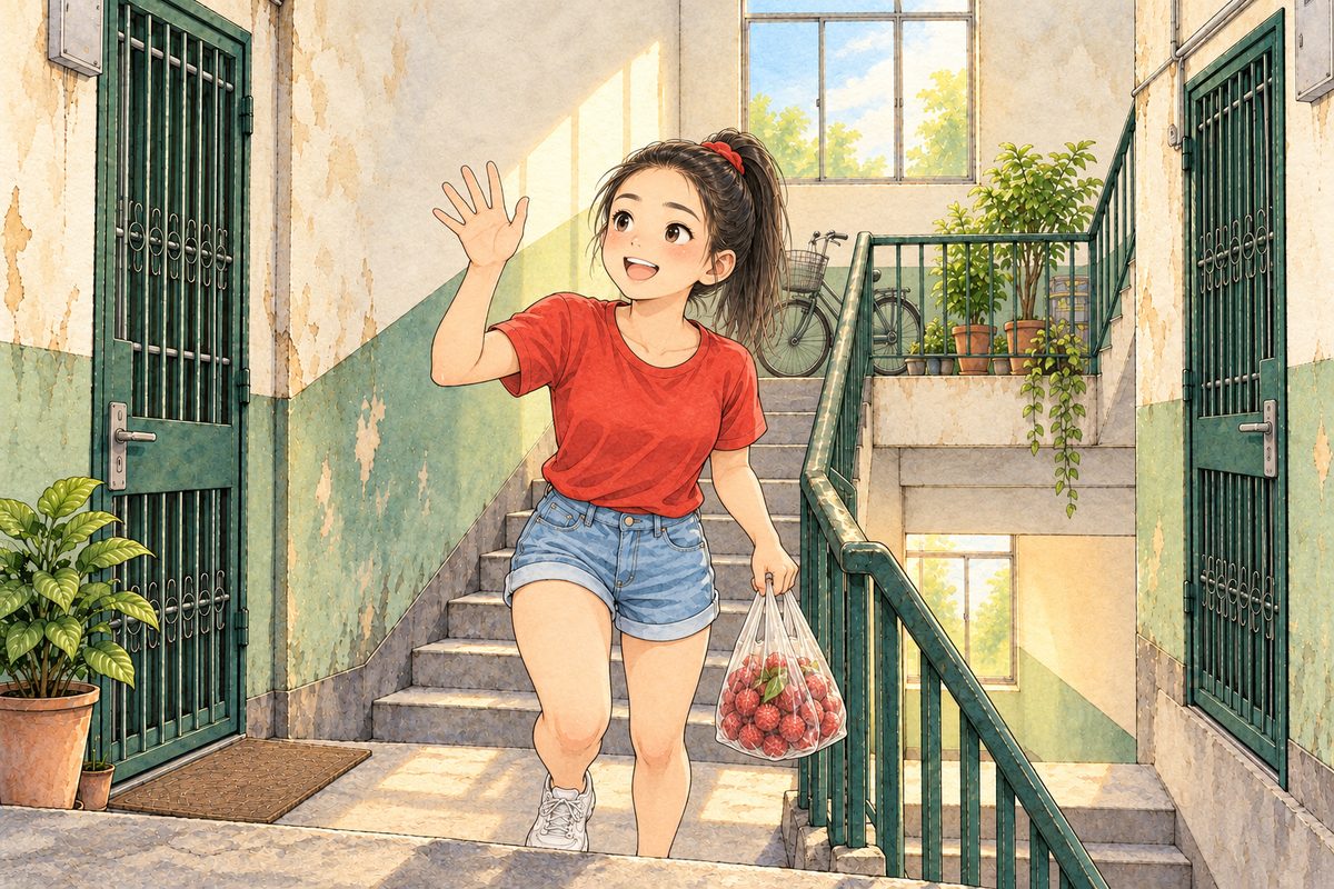 Noon light. Lili comes up the last stairs on the RIGHT with a plastic bag of red lychees in her LEFT hand, waving her RIGHT hand, cheerful; she has heard. Her face in the middle band. The stairwell wall above is the quiet area.