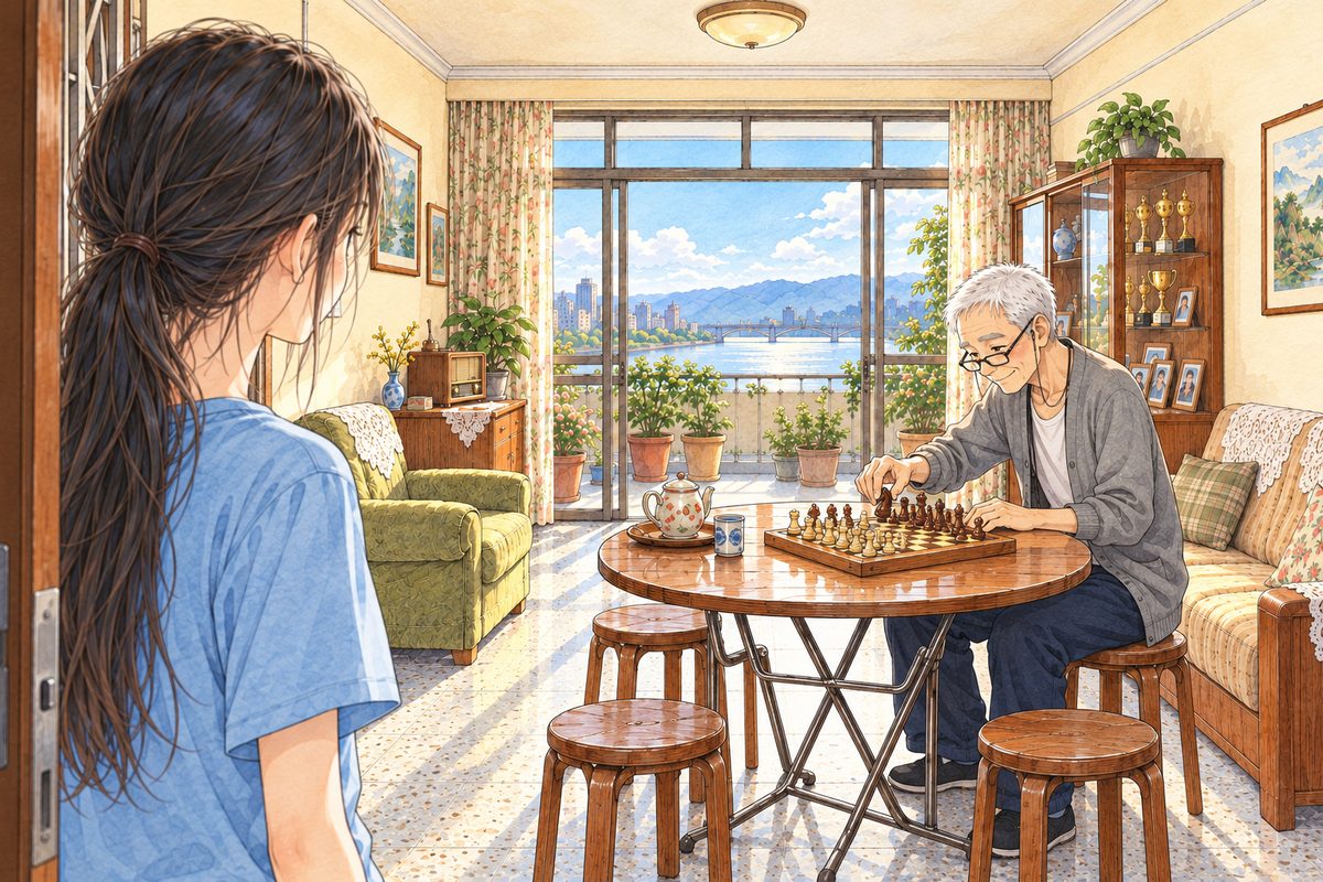 Noon, the bright living room. From just behind Xiaoyu's LEFT shoulder as she stands in the front doorway: the back of her head and her face in profile on the LEFT; across the room on the RIGHT, Grandpa at the round table bent over the chessboard, setting out pieces, happy and busy, his glasses on his nose. Her face in the middle band. The sunny wall above is the quiet area.