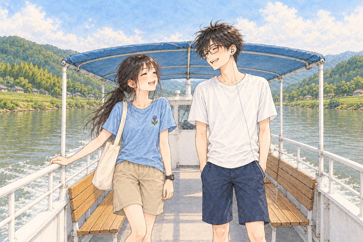 Saturday afternoon, half past one, hazy bright sun, a warm wind. On the open back deck under the faded blue awning, Xiaoyu on the LEFT leans on the white rail with the wind in her hair, laughing; Haoran on the RIGHT stands beside her, laughing too. A pale canvas tote bag over Xiaoyu's RIGHT shoulder. The wide green-brown river and the low green hills behind. Two faces in the middle band. The hazy sky above is the quiet area.