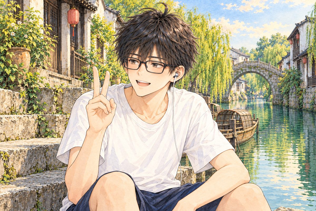 Afternoon, four o'clock, warm light, white walls and black roofs behind. Haoran sits on the grey stone steps by the canal, holding up two fingers of his RIGHT hand as he explains, grinning, looking LEFT at Xiaoyu off panel. His earbud in his LEFT ear, on the viewer's right. His face in the middle of the panel. His t-shirt below is the quiet area.