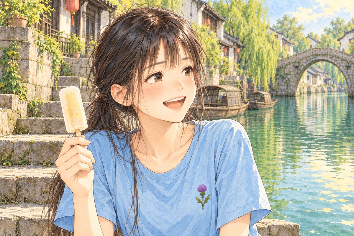 Afternoon light, the green canal behind her. Xiaoyu laughs, looking RIGHT at Haoran off panel, an ice lolly in her RIGHT hand. Her face in the middle of the panel. Her t-shirt below is the quiet area.