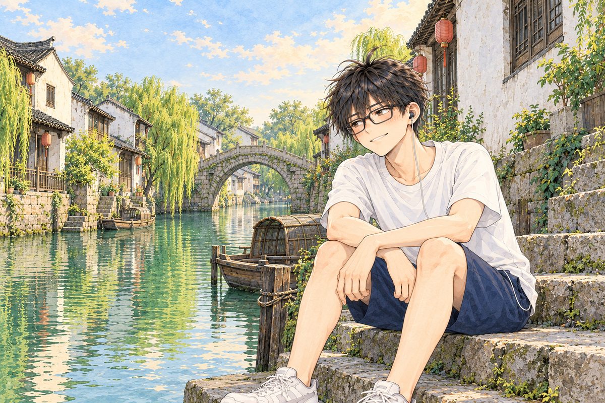 Afternoon, four o'clock, warm light on the white walls, plain red lanterns, the jade-green canal and a tied wooden boat. Haoran sits on the stone steps on the RIGHT with his forearms on his knees, grinning, looking LEFT at Xiaoyu off panel. His face in the lower middle of the panel. The white walls and black roofs above are the quiet area for the box.