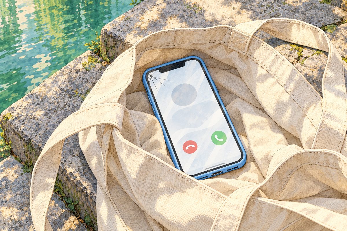Afternoon light. Xiaoyu's phone in its pale sky-blue case lies face up in her open pale canvas tote bag on the grey stone step, its screen lit with an incoming call. NO letters painted; the words are lettered in afterwards.