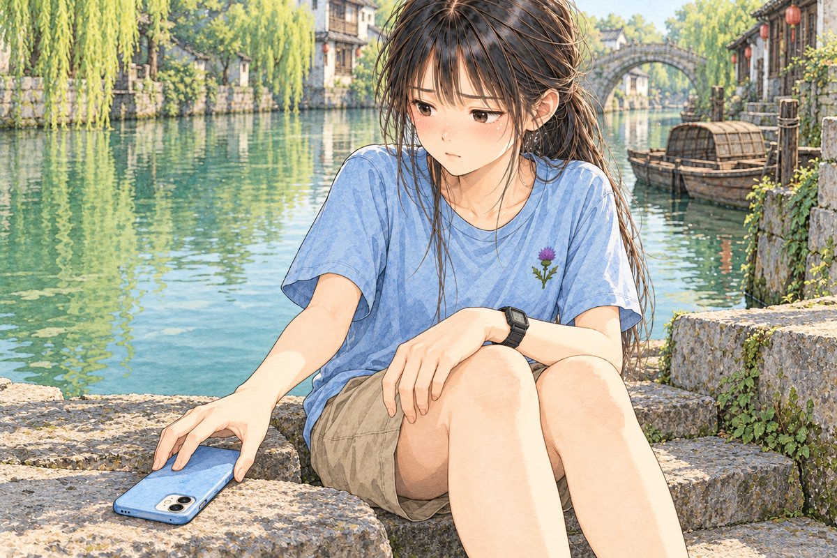 Afternoon light on the stone step. Xiaoyu's RIGHT hand turns her pale-blue phone face down on the grey stone. Her LEFT hand, with the black watch on its wrist, rests on her knee. Above, her face looks down at it, a flicker of unease, then away towards the canal. Her face in the upper middle, her hands in the lower half. The canal behind is the quiet area.