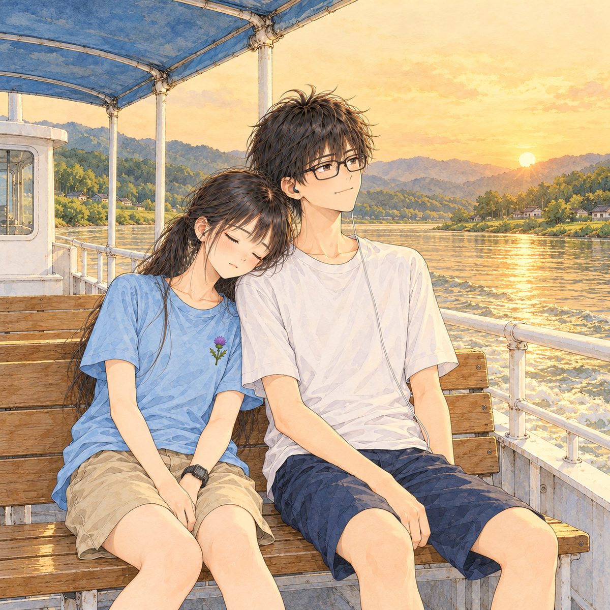 Evening, half past six, low gold light over the river. On the wooden bench under the faded blue awning, Xiaoyu sleeps with her head on Haoran's shoulder; Haoran sits still so as not to wake her, looking out at the gold water, happy. Two faces in the middle of the panel. The gold sky above is the quiet area.