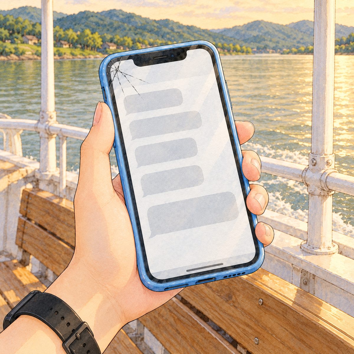 Evening gold light. Xiaoyu's hand holds the pale-blue phone, her black watch on her LEFT wrist at the edge. On the screen a short list of grey rows and, below, one message bubble. NO letters or numbers painted.