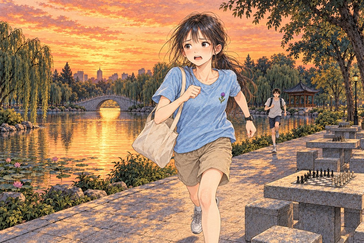 Saturday, a quarter past seven, the sun just down, the sky red-gold, the lake dark gold, the willows black. Xiaoyu runs along the lake path towards us, the tote bag flying from her shoulder, her face frightened; far behind her on the path, small, Haoran runs after her. Her face in the middle band. The red-gold sky above is the quiet area.