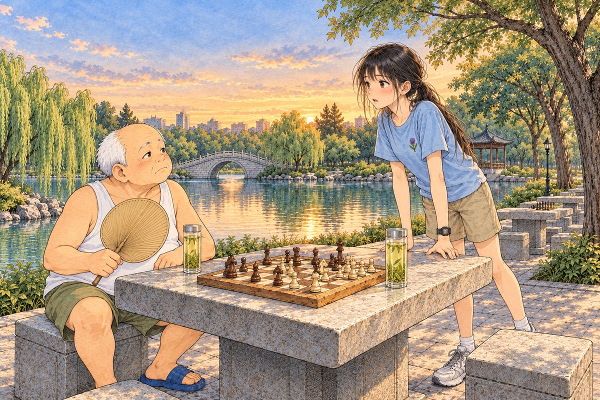 Dusk, the sky fading from gold to blue, the lake still. Uncle Wu in his white vest sits alone at the square stone table on the LEFT, slowly fanning himself with his palm-leaf fan. On the table the chessboard is set up in the middle of a game, and two tall glasses of tea stand on it, one by the empty stone stool on the RIGHT, still full. Xiaoyu has just run up on the RIGHT, out of breath, one hand on the table's edge. Two faces in the middle band. The fading sky and the willows above are the quiet area.