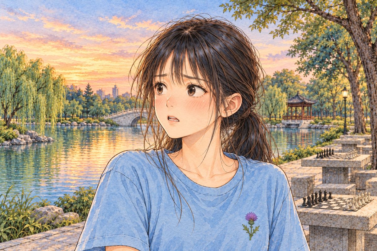 Dusk light. Xiaoyu looks LEFT at Uncle Wu off panel, breathless, frightened. Her face in the middle of the panel. Her t-shirt below is the quiet area.