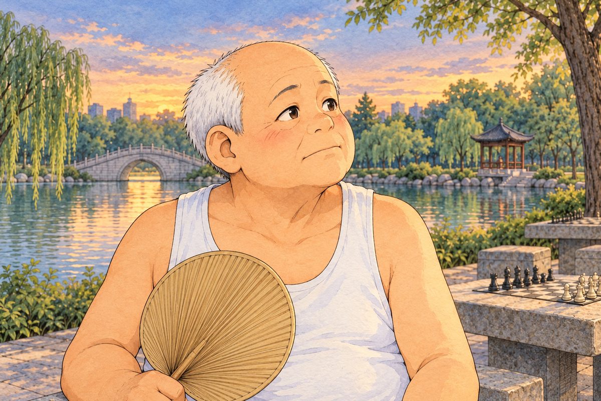 Dusk light. Uncle Wu looks RIGHT at Xiaoyu off panel, his fan still now, not scornful, steady and quiet. His face in the middle of the panel. His white vest below is the quiet area.