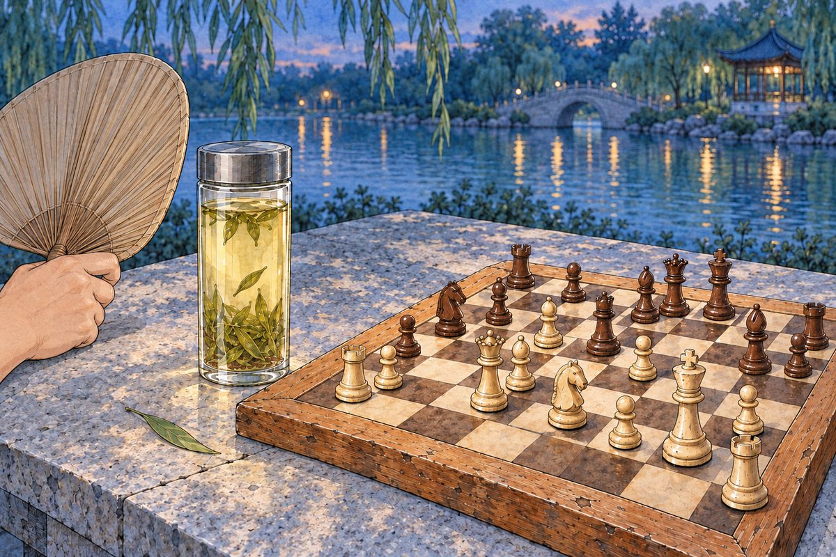 Dusk, blue light. On the pale stone table, the chessboard with its pieces set out in the middle of a game, and beside it on the empty side a tall clear glass of green tea, full to the top, the leaves sunk, untouched; a fallen willow leaf on the stone. Uncle Wu's hand with the palm-leaf fan rests at the LEFT edge. No faces. The dark stone around is quiet.