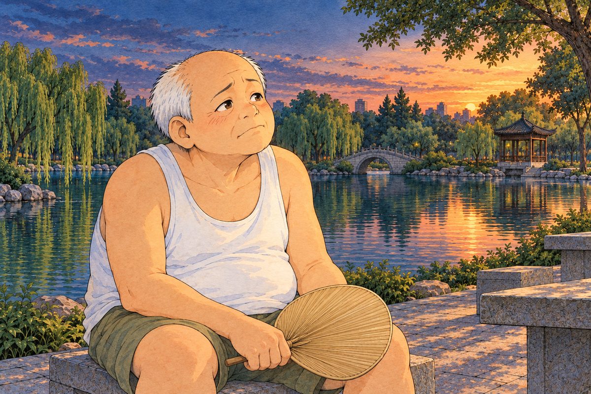 Dusk, the last light on his round face, the dark lake behind. Uncle Wu looks RIGHT at Xiaoyu off panel, gentle and sad, his fan lowered to his knee. His face in the middle of the panel. His white vest below is the quiet area.