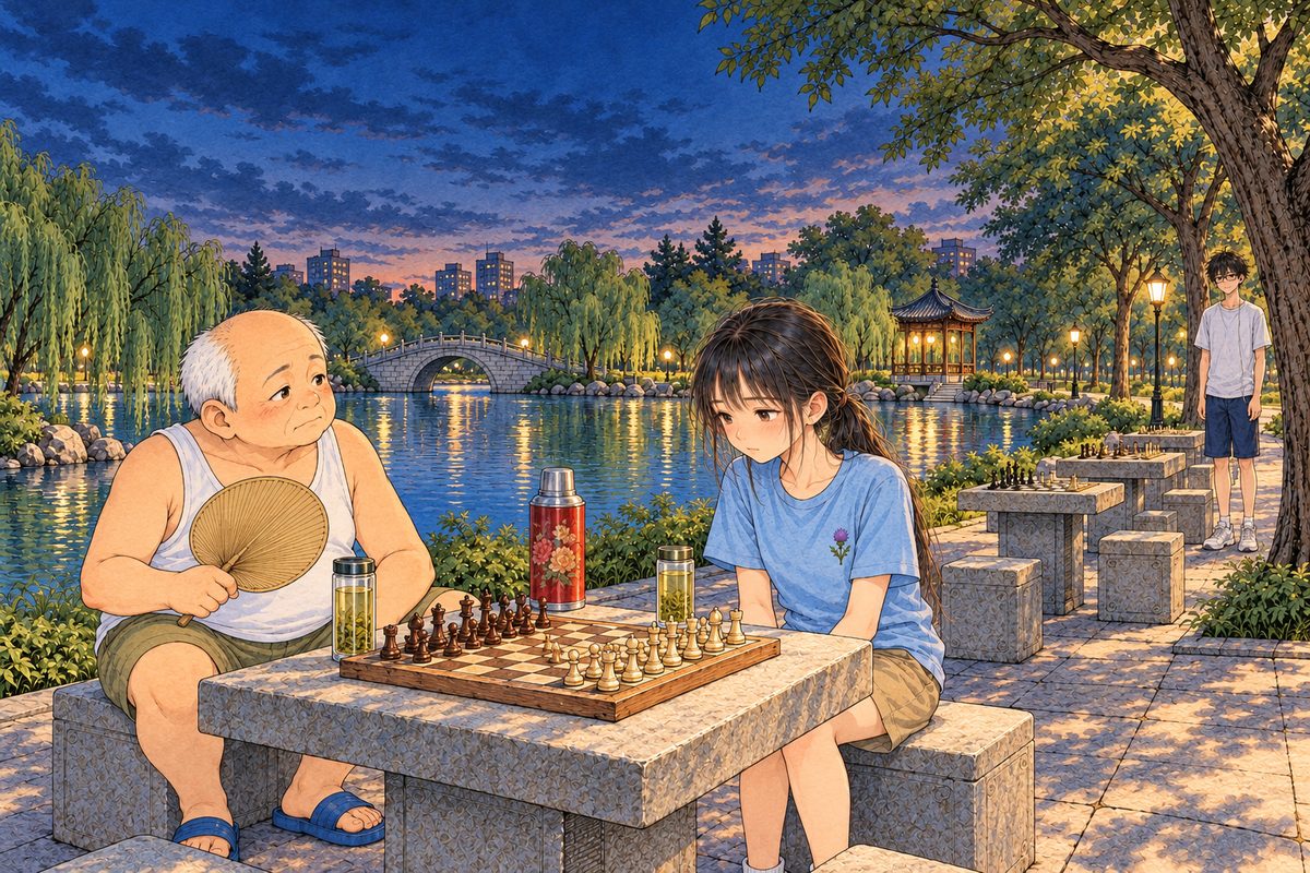 Dusk turning to night, the first lamps coming on along the path. Xiaoyu has sunk down on the empty stone stool across the board, her hands in her lap, staring at the set pieces; Uncle Wu sits on the LEFT, fanning slowly, looking at her. Far back on the path on the RIGHT, Haoran has stopped, his hands at his sides. Three faces in the middle band, Haoran's small. The dark sky above is the quiet area.