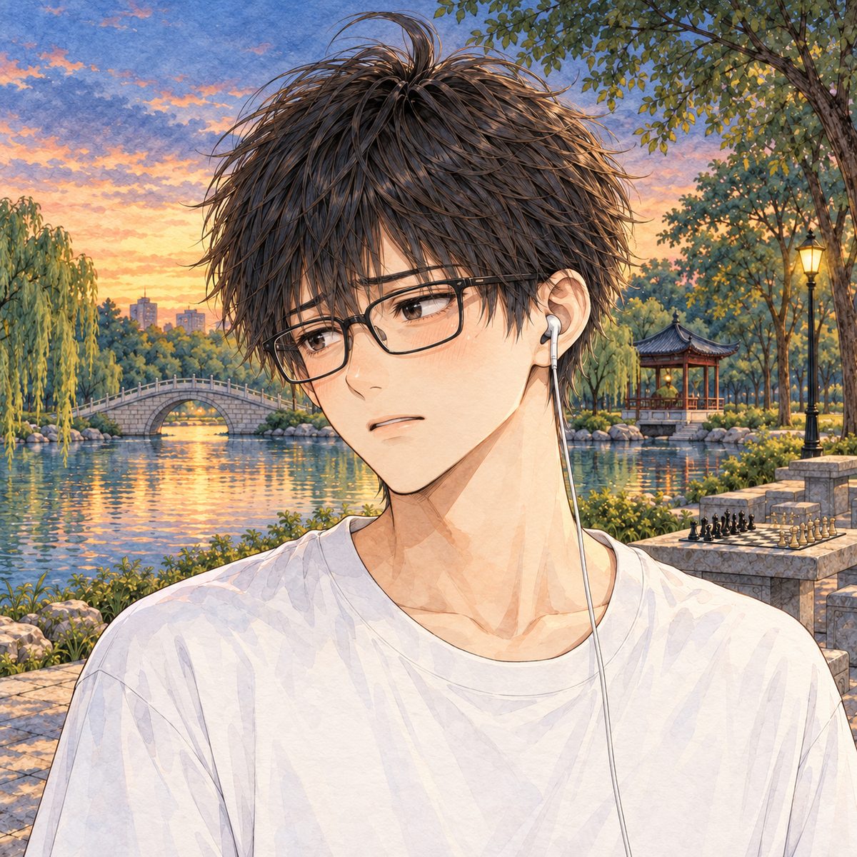 Dusk, a path lamp behind him. Haoran looks LEFT at Xiaoyu off panel, stricken, sorry. His earbud in his LEFT ear, on the viewer's right. His face in the middle of the panel. His t-shirt below is the quiet area.