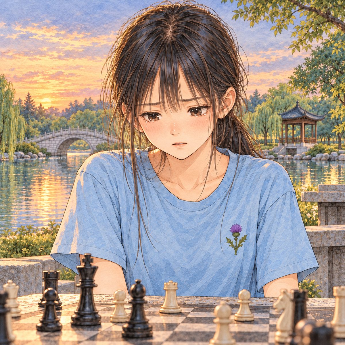 Dusk. Xiaoyu looks down at the chessboard, not at Haoran, her eyes wet, her voice quiet and steady. Her face in the middle of the panel. Her t-shirt below is the quiet area.