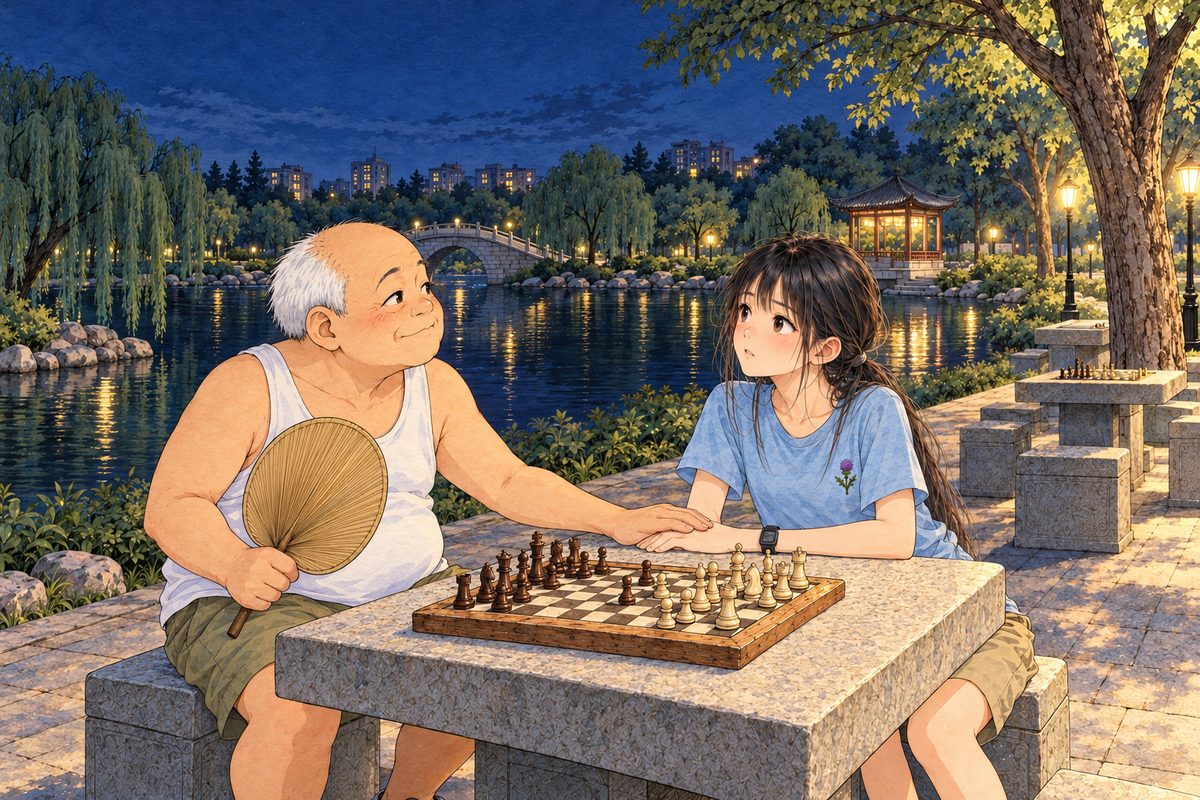 Night coming, the path lamps on, the lake black. Uncle Wu on the LEFT reaches across and pats the back of Xiaoyu's hand once with his own, kind, nodding towards the blocks of flats. Xiaoyu on the RIGHT looks up at him. Two faces in the middle band. The dark sky above is the quiet area.
