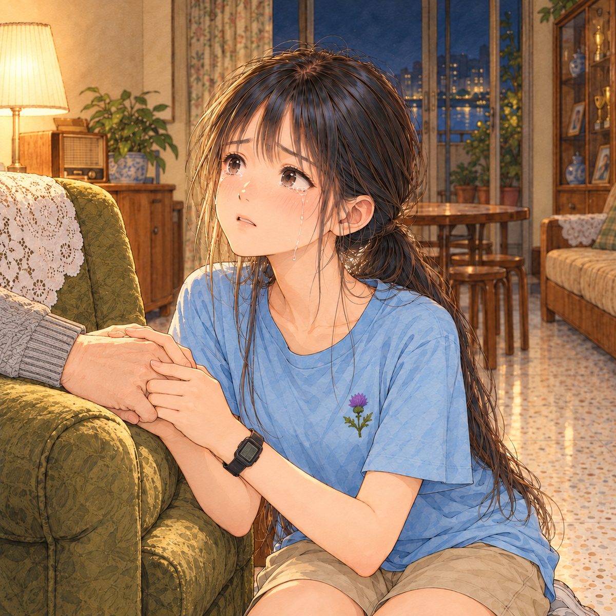 Lamplight. Saturday night, eight o'clock, one small lamp on. Xiaoyu kneels beside Grandpa's olive-green armchair and looks LEFT at him off panel, holding his hand, her face wet. Her face in the middle of the panel. Her t-shirt below is the quiet area.