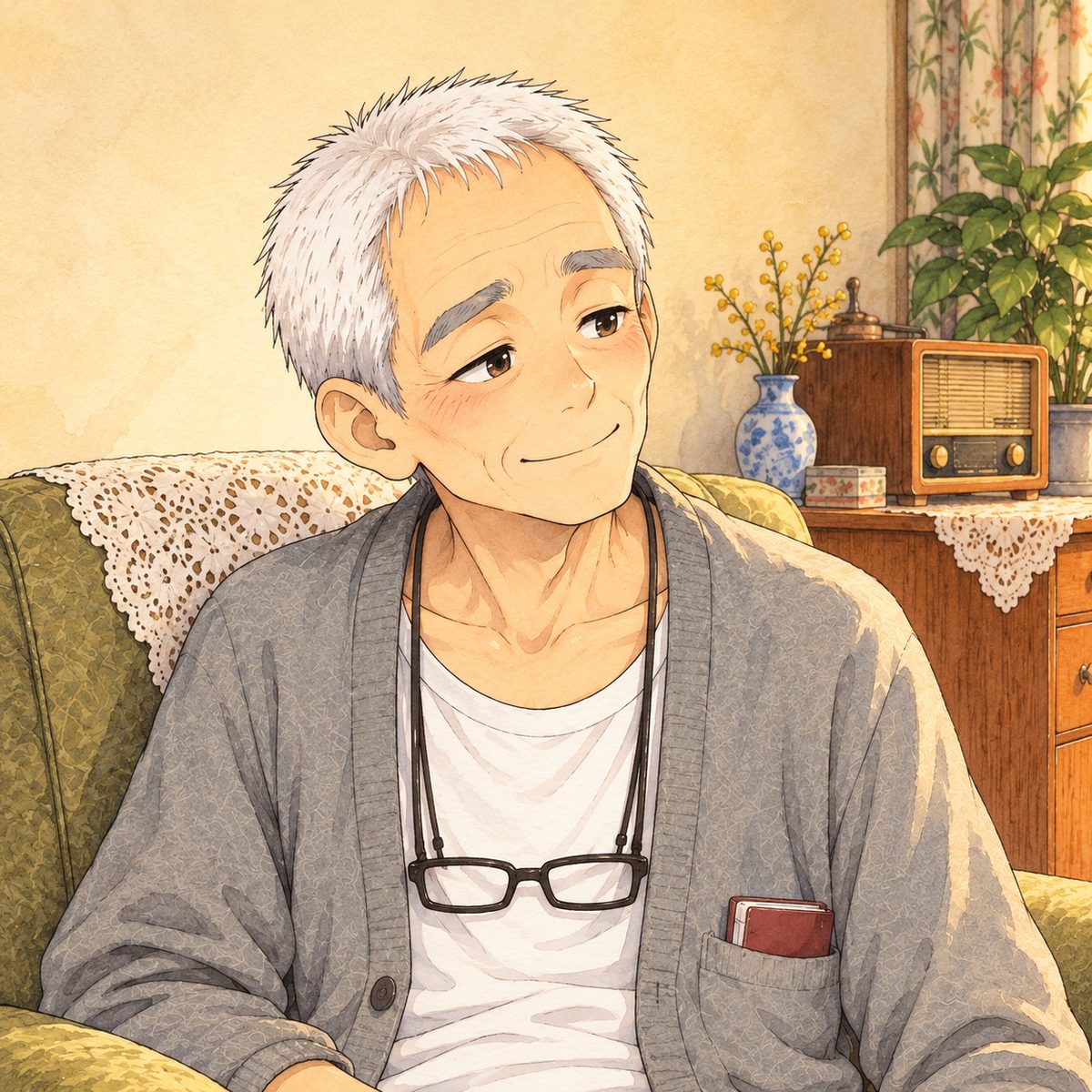 Lamplight. Grandpa opens his eyes halfway and smiles sleepily down to the RIGHT at Xiaoyu off panel, fond, foggy. His face in the middle of the panel. His cardigan below is the quiet area.