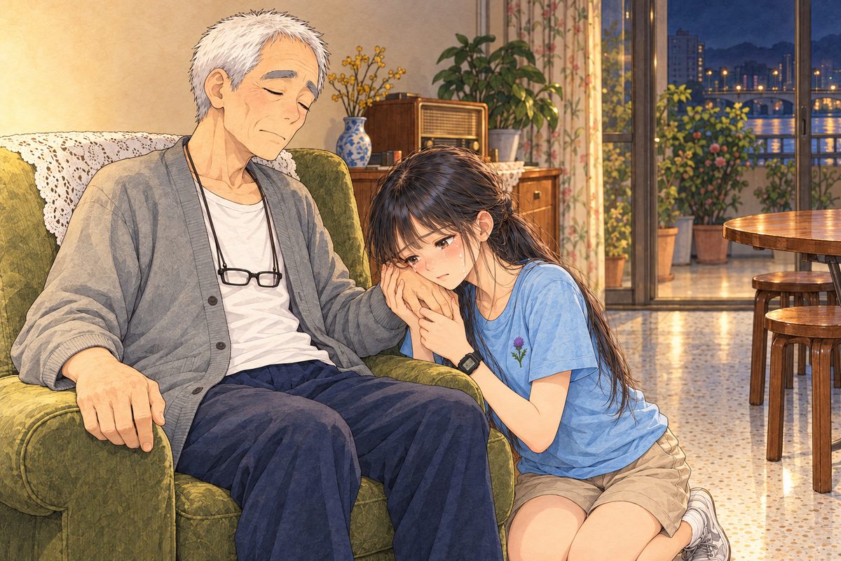 Lamplight. Grandpa on the LEFT has closed his eyes again, his big hand loose in hers. Xiaoyu kneels on the RIGHT holding his hand against her cheek with both hands, crying without a sound. Her black watch on her LEFT wrist. Two faces in the middle band. The dim wall above is the quiet area.