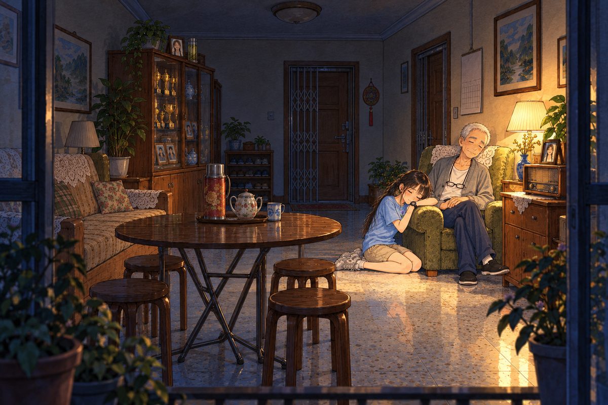 Night, the one lamp, the rest of the room dark. Seen from across the room: Grandpa asleep in the armchair and Xiaoyu kneeling beside it with her head resting on the arm of the chair, both small in the circle of lamplight. On the glass cabinet, the morning's glass of tea still stands by Grandma's photo. Their faces small in the middle band. The dark room above is the quiet area.