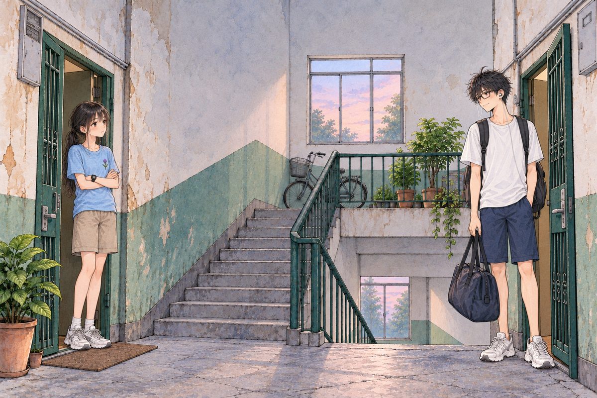 Sunday, six in the morning, the first grey-pink light in the high window, the landing bulb off. Haoran stands by his family's open door on the RIGHT with a big backpack on and a sports bag in his LEFT hand. Xiaoyu stands in Grandpa's doorway on the LEFT, in her t-shirt, her arms folded against the early cool, her eyes tired. Two faces in the middle band. The high window above is the quiet area.