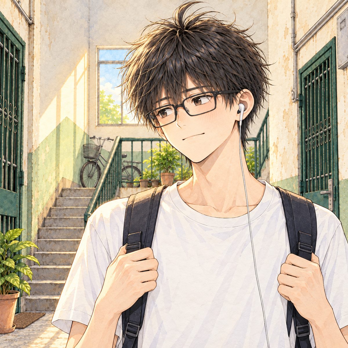 Dawn light. Haoran looks LEFT at Xiaoyu off panel, his backpack straps in his hands, a small unsure smile. His earbud in his LEFT ear, on the viewer's right. His face in the middle of the panel. His t-shirt below is the quiet area.