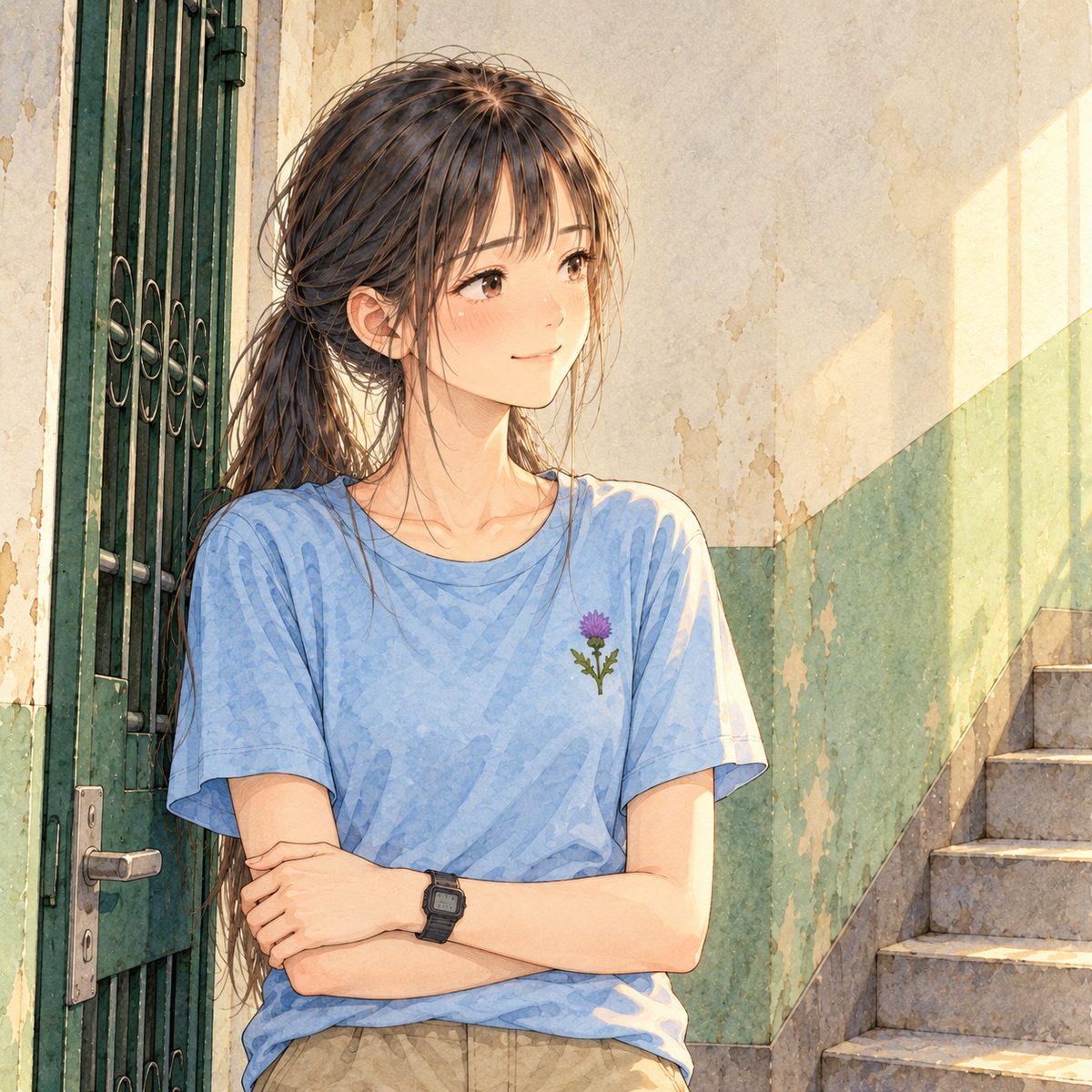 Dawn light. Xiaoyu looks RIGHT at Haoran off panel and gives a small, tired smile. Her face in the middle of the panel. Her folded arms below are the quiet area.