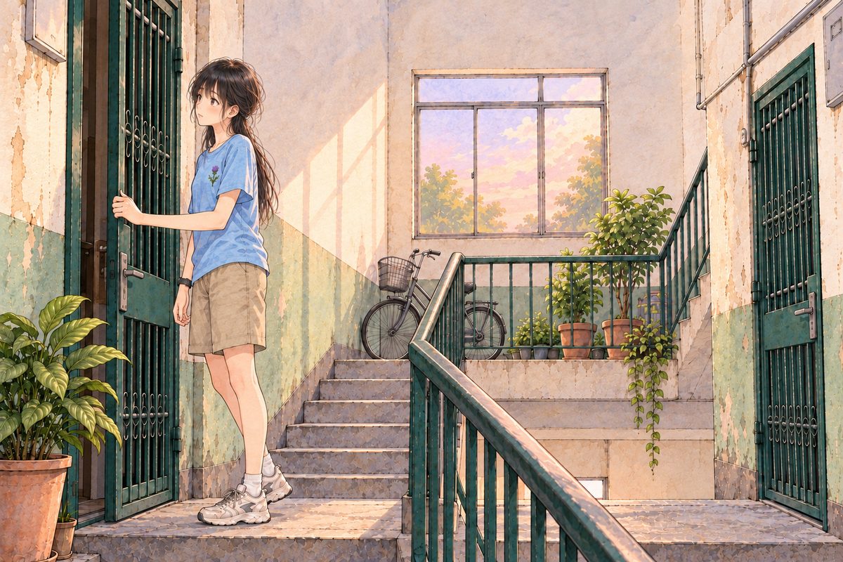 Dawn, the grey-pink light stronger. The landing is empty now, Haoran gone down the stairs. Xiaoyu pulls Grandpa's dark green gate shut with her RIGHT hand and looks back into the flat behind her, towards Grandpa. Her face in three-quarter in the middle band. The high window above is the quiet area.
