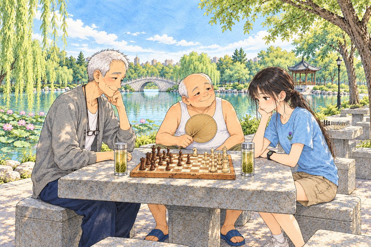 An August afternoon, three o'clock, dappled light, lotus on the bright lake. Grandpa sits on the LEFT and Xiaoyu on the RIGHT at the square stone table, playing chess, each with their own pieces nearest them, a tall glass of tea by each of them. Uncle Wu sits at the far side between them on a stool, fanning, watching the board. Three faces in the middle band. The willows and the bright sky above are the quiet area.