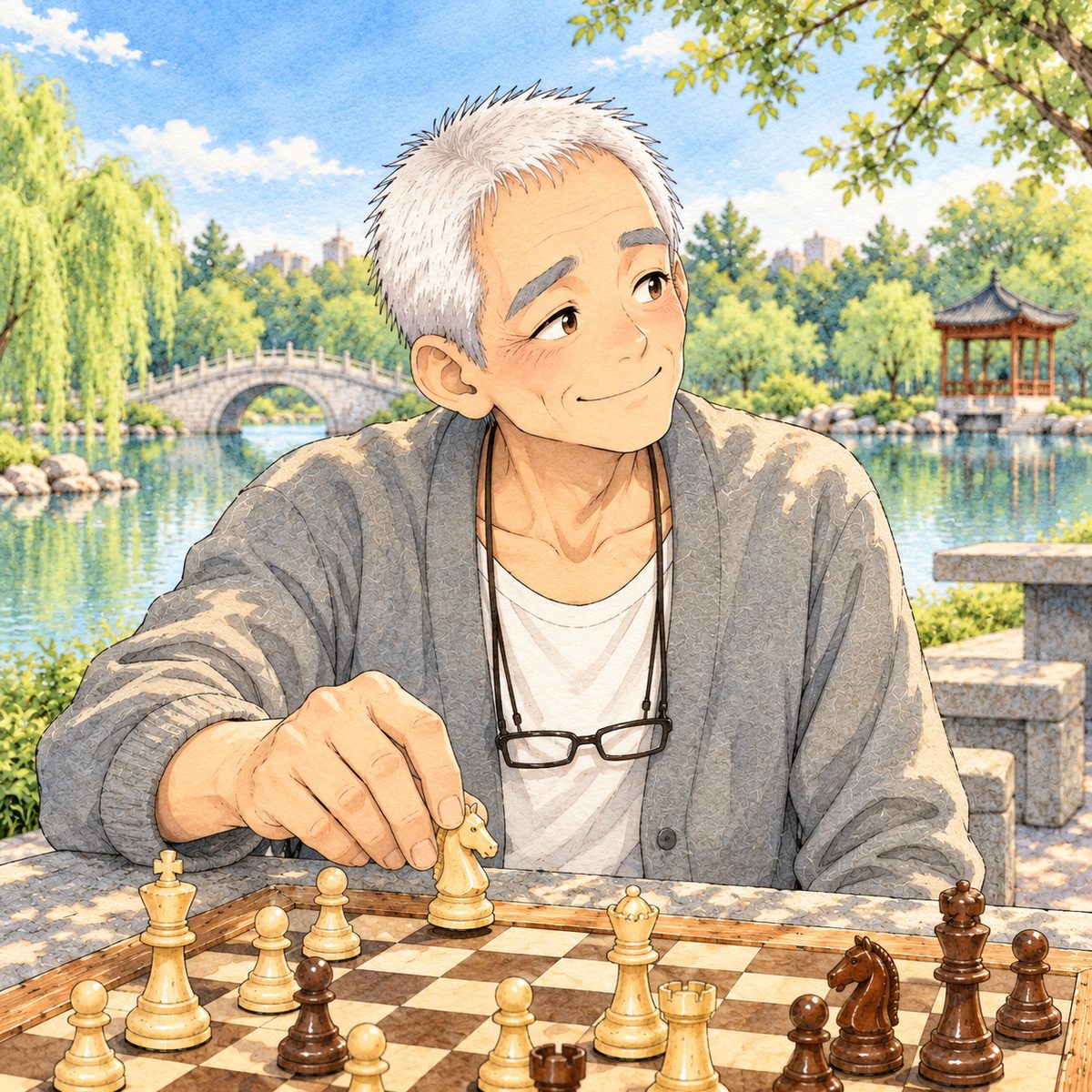 Dappled afternoon light. Grandpa sets down a knight with his RIGHT hand and looks RIGHT at Xiaoyu off panel, a sly warm smile. His glasses on their cord at his chest. His face in the middle of the panel. His cardigan below is the quiet area.