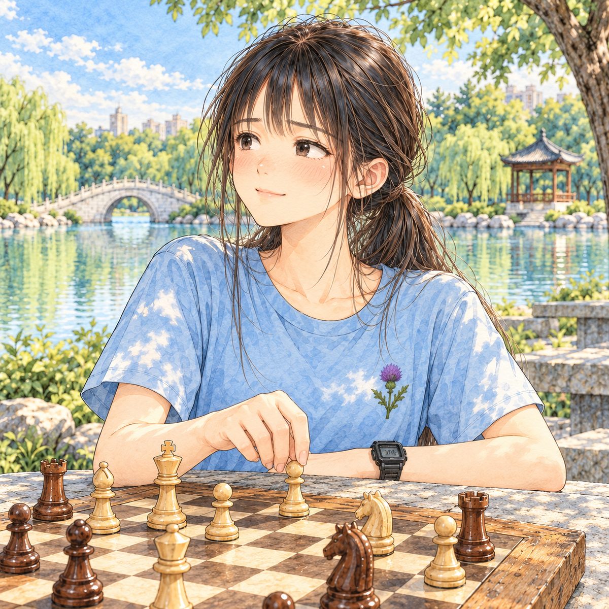 Dappled afternoon light. Xiaoyu looks LEFT at Grandpa off panel and smiles, gentle, a little sad, her fingers on a pawn. Her black watch on her LEFT wrist. Her face in the middle of the panel. Her t-shirt below is the quiet area.