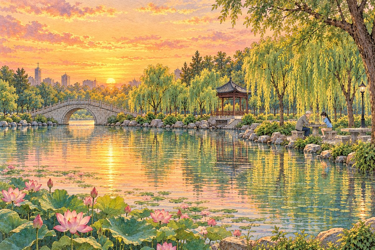 A summer evening, the sun going down, the sky gold and rose, pink lotus on the still lake. Far across the water, small under the willows on the RIGHT, two figures sit at the stone table bent over the board, an old man and a girl, their faces too small to see. On the LEFT the small arched stone bridge stands empty, landing on both banks. The gold sky above is the quiet area.