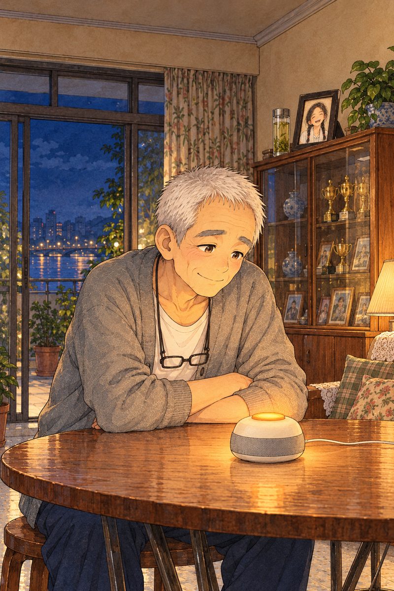 A summer evening in Grandpa's living room, one warm lamp on, the balcony doors dark blue behind. Grandpa Chen in his grey cardigan sits at the round folding table on the LEFT, leaning forward on his folded arms, his face close to the small cream-white Lantern speaker on the table in front of him, whose round orange button glows warm like a little lantern, the only bright thing on the table. He looks at it fondly, the way you listen to an old friend, a small smile. His glasses on their cord at his chest. Behind him on the RIGHT, on top of the glass cabinet, the small black-framed photo of young Grandma Meilan faces the room, with a tall glass of green tea beside it. His face in three-quarter in the middle band, lit orange from below by the glow. The dim wall above is the quiet area for the title.
