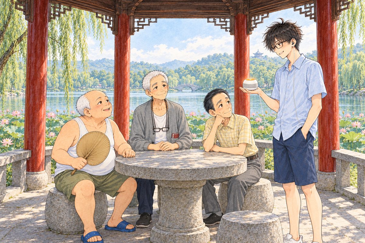 Saturday morning, nine o'clock, bright hazy summer light, lotus on the lake behind. Round the stone table sit three old men on stone stools: Uncle Wu on the LEFT with his palm-leaf fan, Grandpa in his grey cardigan at the far side in the middle facing us, and thin Mr Sun with his jet-black combed-back hair on the RIGHT. Haoran, eighteen, in his pale blue collared shirt, stands at the RIGHT end of the table, holding the small cream-white Lantern speaker up on his open RIGHT palm like a cup for them to see, eager. Four faces in the middle band. The dark roof beams and the hazy sky between the pillars above are the quiet area.