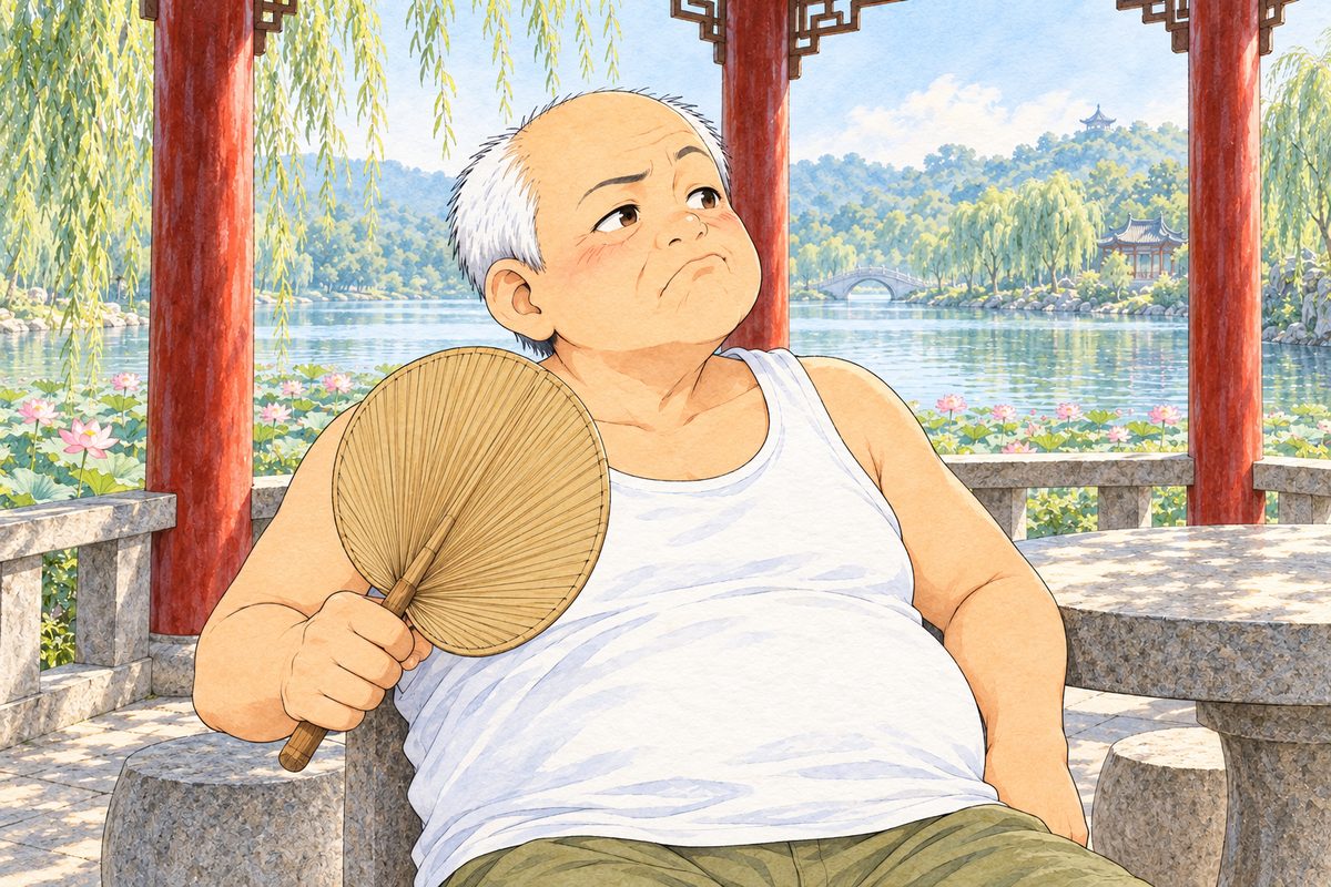 Bright morning light. Uncle Wu in his white vest leans back on his stool, fanning himself slowly with his palm-leaf fan in his RIGHT hand, one eyebrow up, looking RIGHT at the speaker off panel, not impressed. His face in the middle of the panel. His white vest below is the quiet area.
