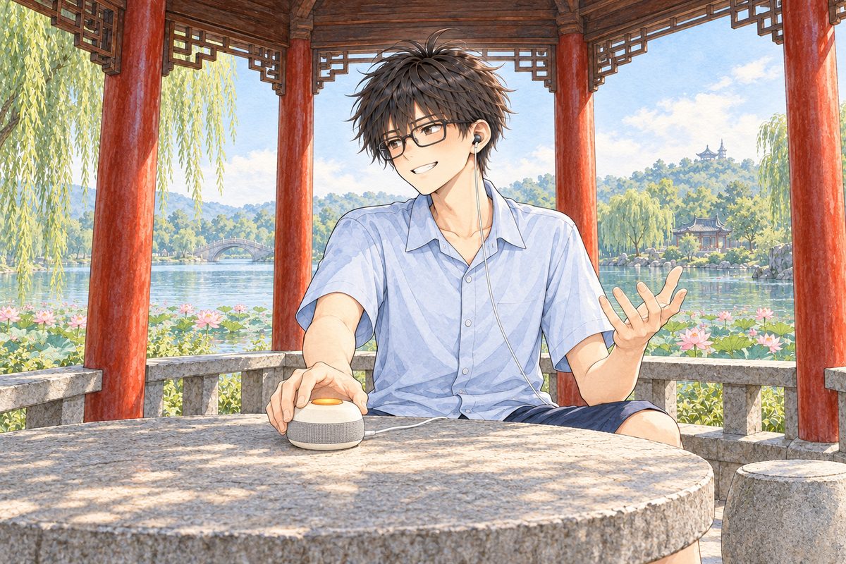 Bright morning. Haoran sets the Lantern speaker down in the middle of the stone table with his RIGHT hand and grins at the old men off panel to the LEFT, his LEFT hand open in the air as he explains. His earbud in his LEFT ear, on the viewer's right. His face in the middle band. The roof beams and the red pillars above are the quiet area.