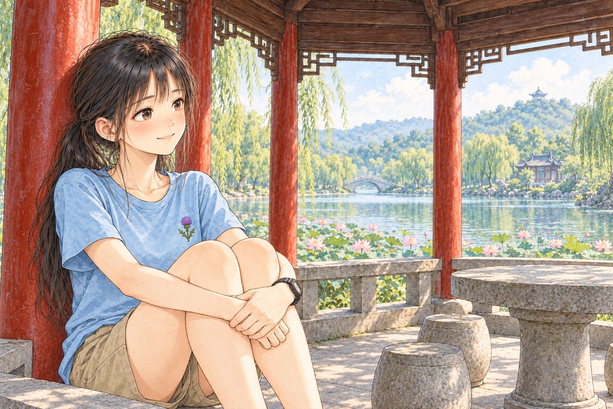 Bright morning. Xiaoyu, seventeen, in her faded sky-blue t-shirt, sits on the low stone bench at the LEFT side of the pavilion with her back against a red pillar and her hands round her knees, smiling as she watches Haoran off panel to the RIGHT. Her black watch on her LEFT wrist. Behind her, between the pillars, the lake and the lotus. Her face in the middle band. The roof beams above are the quiet area.