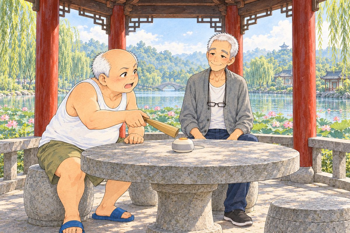 Bright summer morning. Uncle Wu on the LEFT leans over the stone table and points his closed palm-leaf fan at the little Lantern speaker in the middle, loud and testing. Grandpa at the far side in the middle watches, amused, his hands on his knees. Two faces in the middle band. The roof beams above are the quiet area.