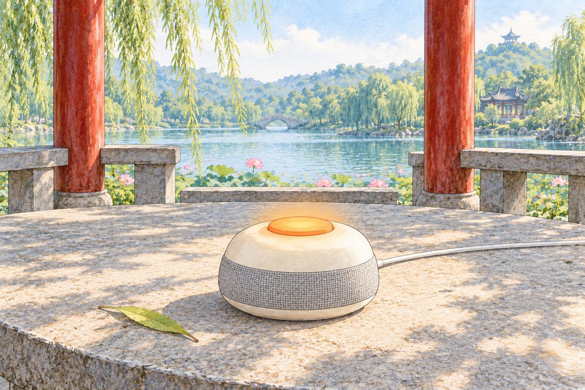 Bright morning light. The small cream-white Lantern speaker on the pale stone table, its orange button glowing as it talks. A fallen willow leaf beside it. No faces. The stone around it is quiet.