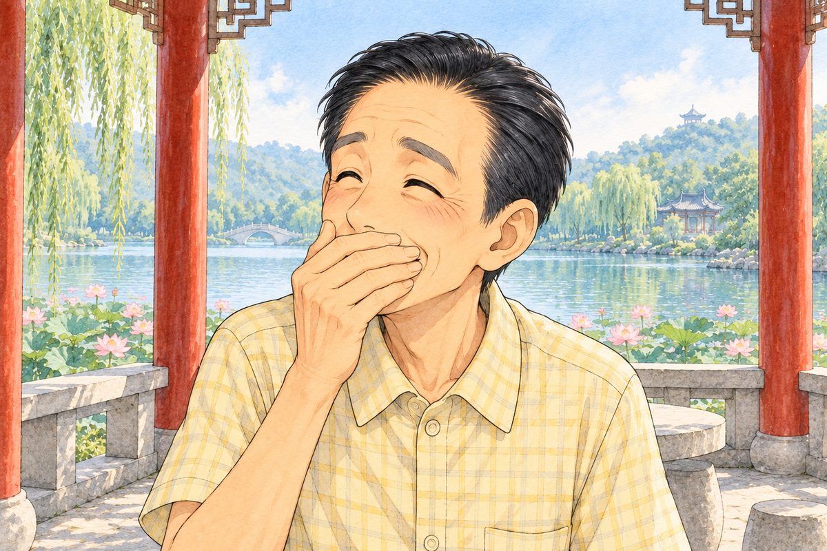 Bright morning light. Mr Sun, thin, his jet-black hair combed back, in his pale yellow checked shirt, laughs with his hand over his mouth, looking LEFT at the speaker off panel. His face in the middle of the panel. His shirt below is the quiet area.