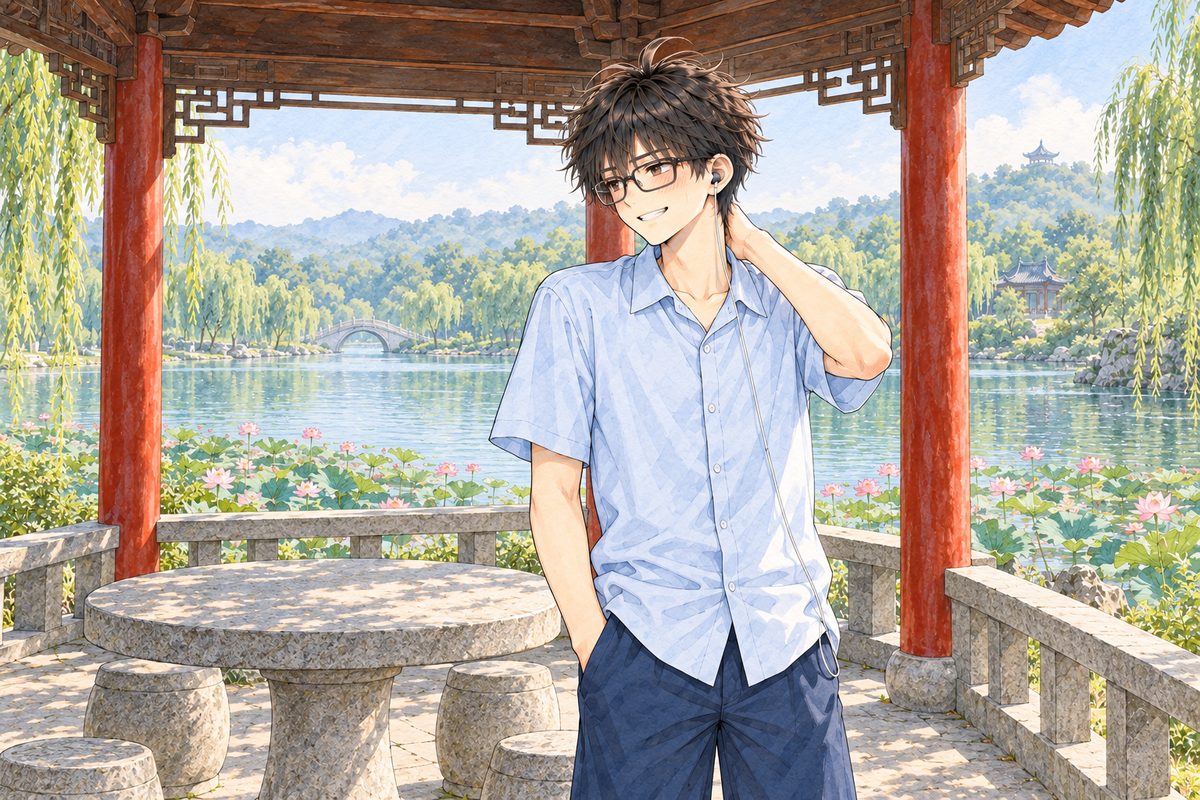 Bright morning. Haoran stands at the RIGHT end of the stone table, rubbing the back of his neck with his RIGHT hand, embarrassed but grinning, looking LEFT at the old men off panel. His face in the lower middle of the panel. The roof beams and the hazy sky above are the quiet area for the box.