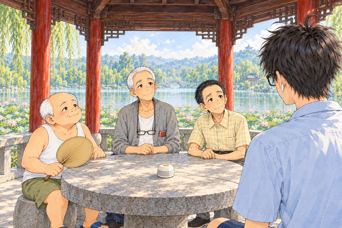 Bright morning. From just behind Haoran's RIGHT shoulder on the RIGHT edge, the back of his head and his pale blue shirt; across the table the three old men look up at him, Uncle Wu on the LEFT with his fan, Grandpa in the middle, Mr Sun on the RIGHT, all three curious now. Lantern sits in the middle of the table. Three old faces in the middle band. The roof beams above are the quiet area.