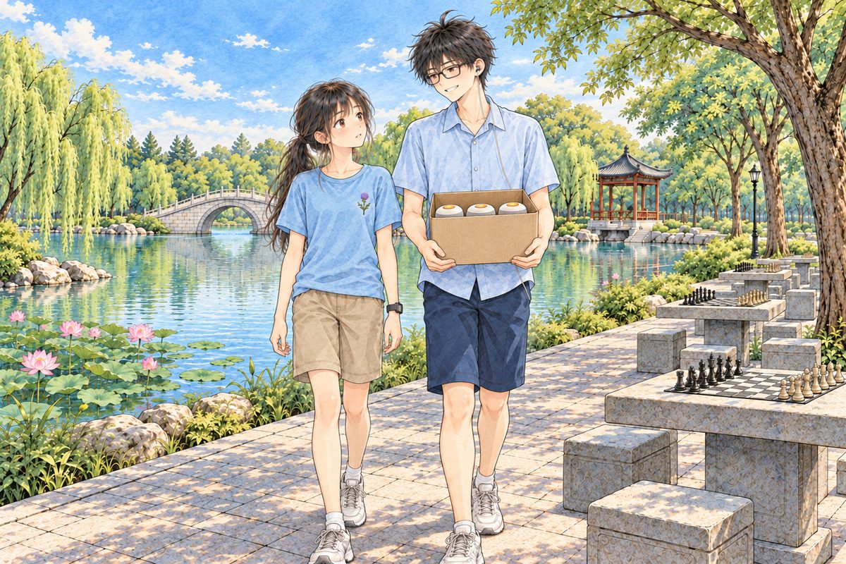Late morning, ten o'clock, bright hazy sun, lotus on the lake, the willows green. Xiaoyu on the LEFT and Haoran on the RIGHT walk side by side along the lake path towards us. Haoran carries a small cardboard box in both arms, with three little cream-white speakers showing at its open top. Xiaoyu looks up at him, curious. Behind them, small, the red pillars of the pavilion. Two faces in the middle band. The willows and the bright sky above are the quiet area.