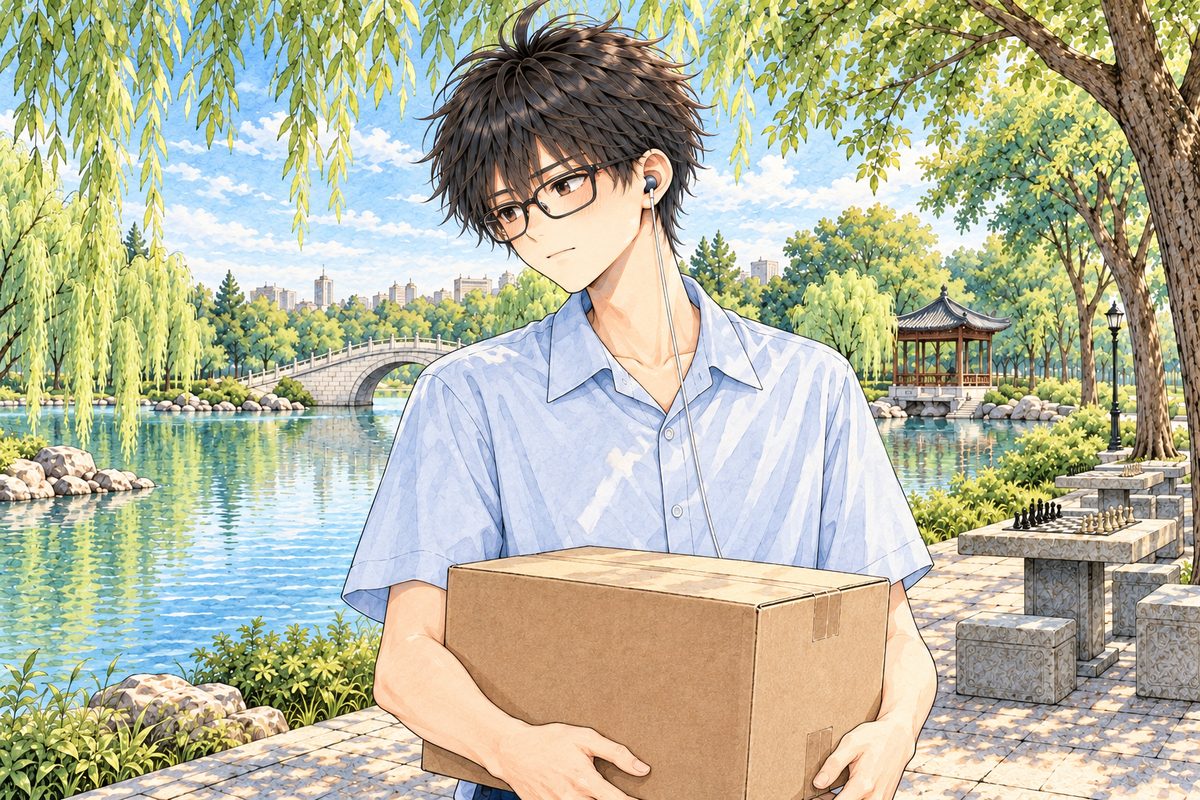 Late morning light under the willows. Haoran, still holding the cardboard box in both arms, looks LEFT and a little down at Xiaoyu off panel, not grinning now, gentle and serious. His earbud in his LEFT ear, on the viewer's right. His face in the middle of the panel. The willow branches above are the quiet area.