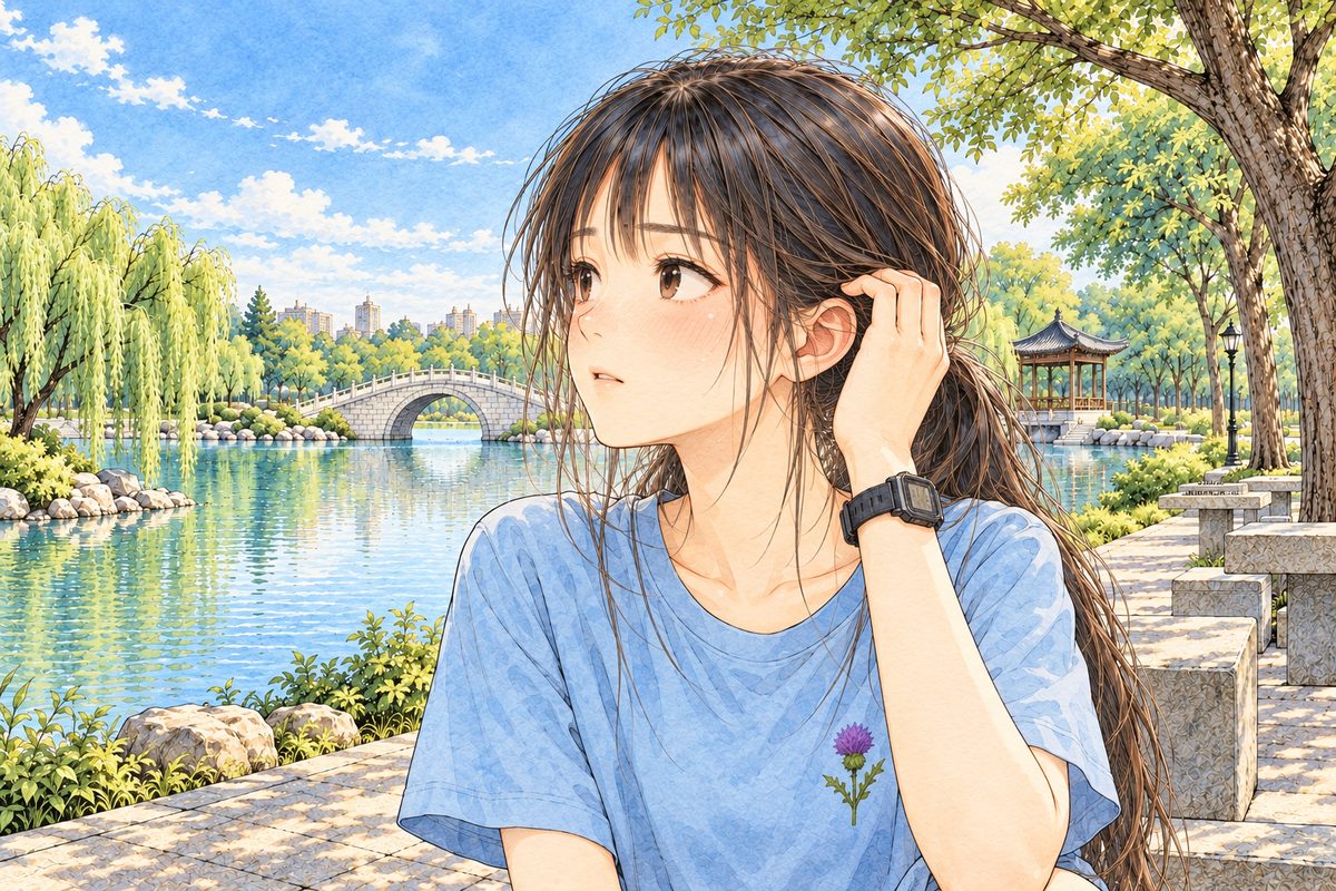 Late morning light. Xiaoyu has turned her face away to the LEFT, towards the bright lake, thinking of someone. Her black watch on her LEFT wrist as she tucks her hair behind her ear. Her face in the middle of the panel. Her t-shirt below is the quiet area.