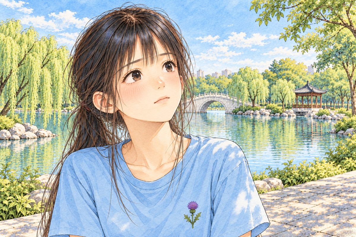 Late morning light. Xiaoyu has turned back and looks UP and to the RIGHT at Haoran off panel, steady and earnest. Her face in the middle of the panel. Her t-shirt below is the quiet area.